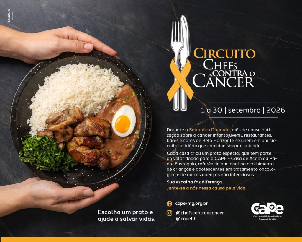 Durante o mês de setembro, restaurantes, bares, cafeterias, confeitarias e casas de brunch de Belo Horizonte e São Paulo entram em uma rota gastronômica com propósito. Em sua segunda edição, o Circuito Chefs Contra o Câncer reúne 37 endereços e unidades participantes, que oferecem pratos criados ou selecionados para uma campanha em prol da CAPE – Casa de Acolhida Padre Eustáquio, entre os dias 1º e 30 de setembro